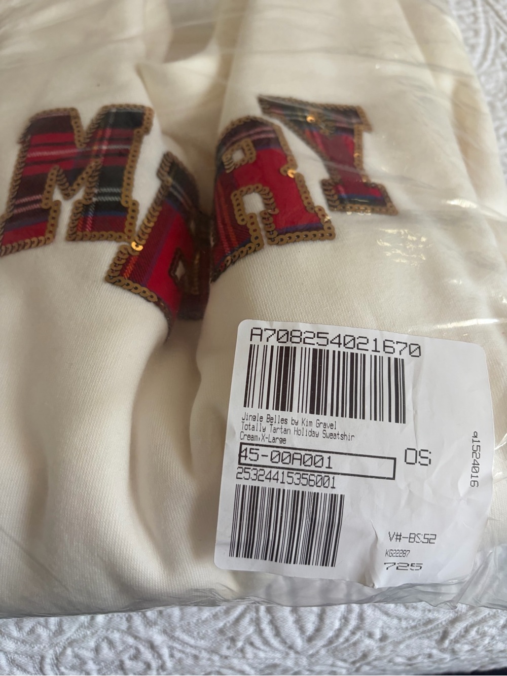 New Jingle Belles by Kim Gravel Totally Tartan Holiday Sweatshirt Cream X-Large - Picture 11 of 12